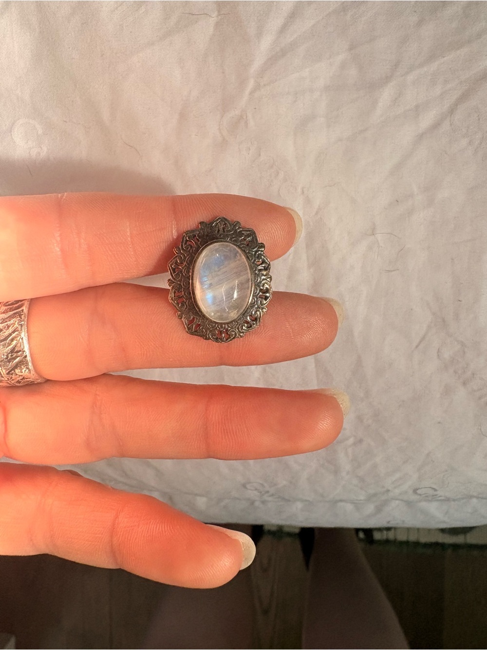 Sundance Silver-Tone Moonstone Oval Ring with Blue Sheen